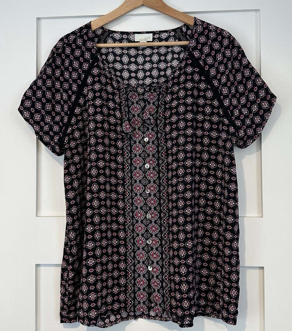 J Jill Black Floral Round Tie Neck Short Sleeve Rayon Button Blouse L Petite LP